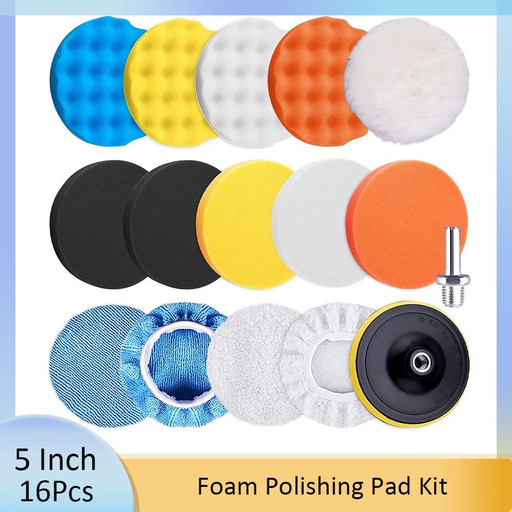 16 Pcs Buffing Pads Foam Polishing Pad Kit 5 Inch Polisher Pads Bonnets Wax Buffer Polish Pads Car Buffer Attachment for Drill