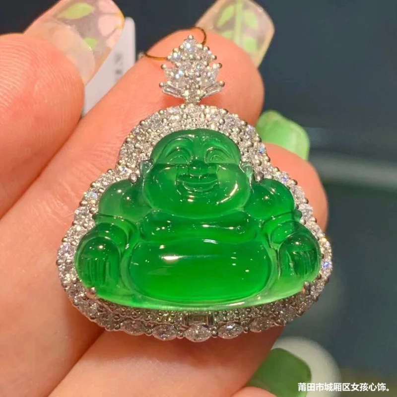 

Ice pendant, natural Burmese from an old mine, bright green jadeite Buddha necklace for women, fash