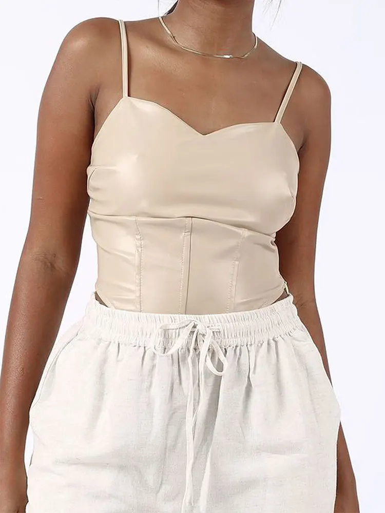 Summer New Women's PU Camisole Solid Sexy Backless V-Neck Low Chest Tank Streetwear Fashion Lady Casual Slim Versatile Clothing