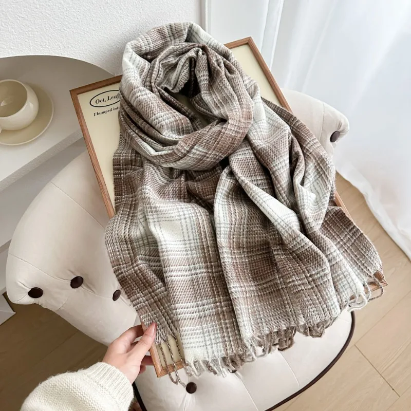 Korean Style Plaid Scarf For Women Winter Thick Warm Versatile Cute Student Neck Warmer New Arrival