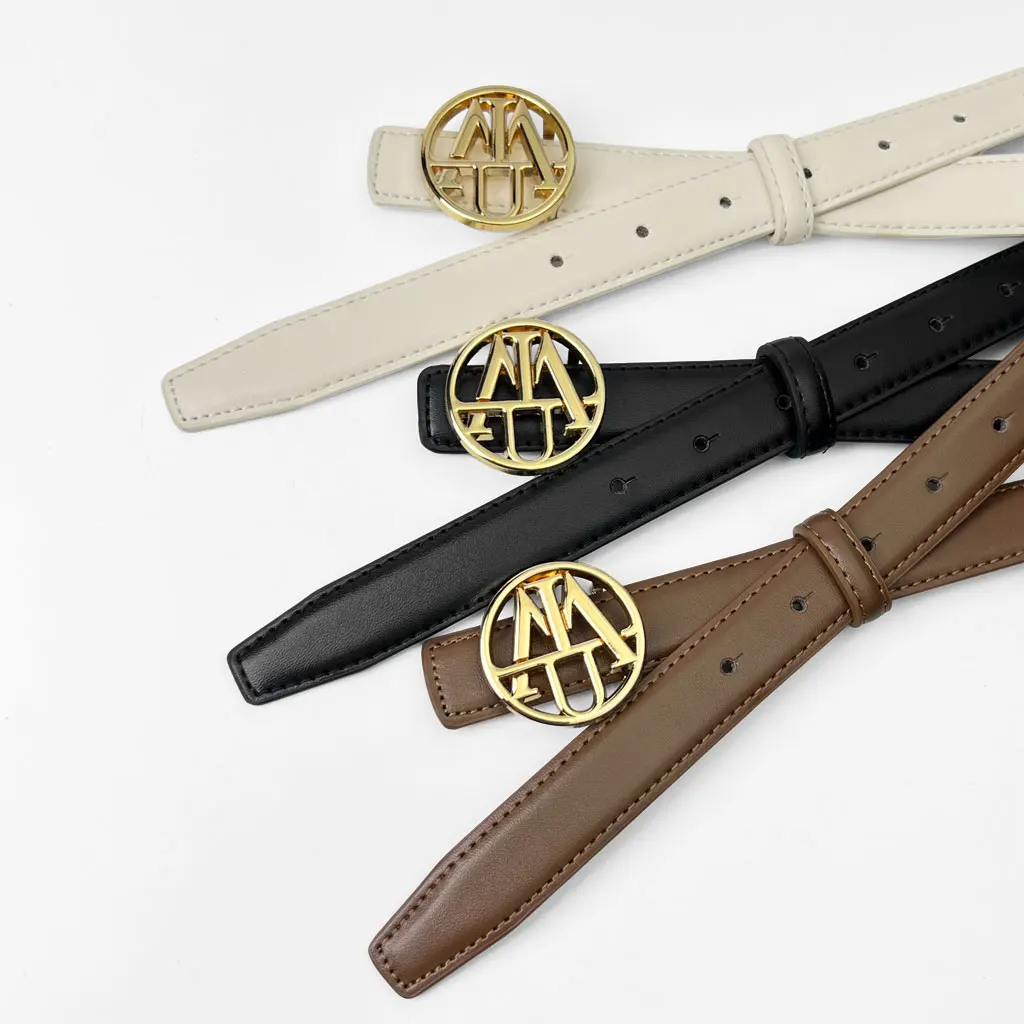 

Регулируемый женский ремень с золотой круглой пряжкой с монограммой для джинсов и офиса