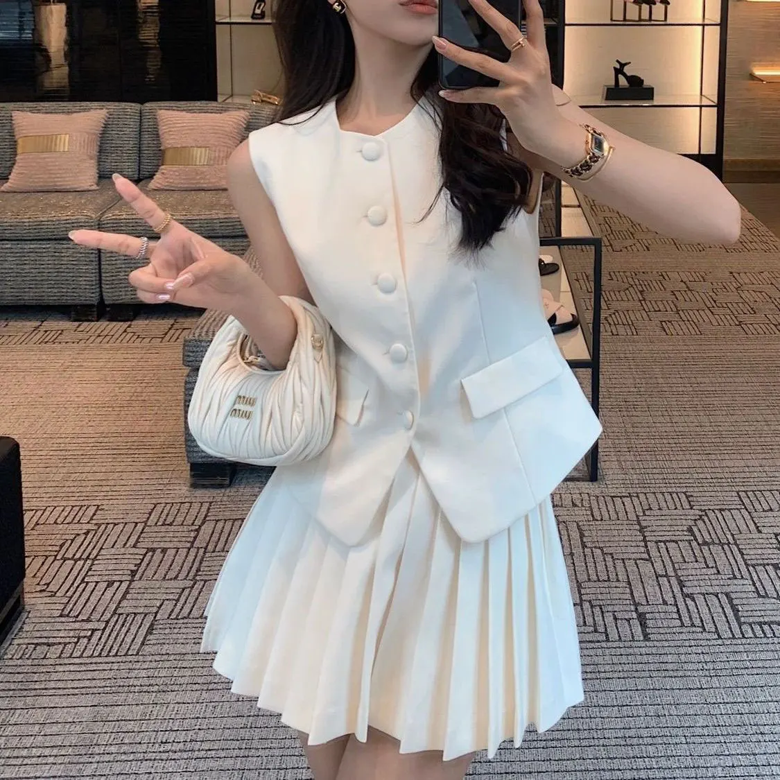 Korea Elegant Two Piece Set Vintage Office Lady Button Sleeveless Top + Pleated Mini Skirts Suit Retro Summer Black Outfit White