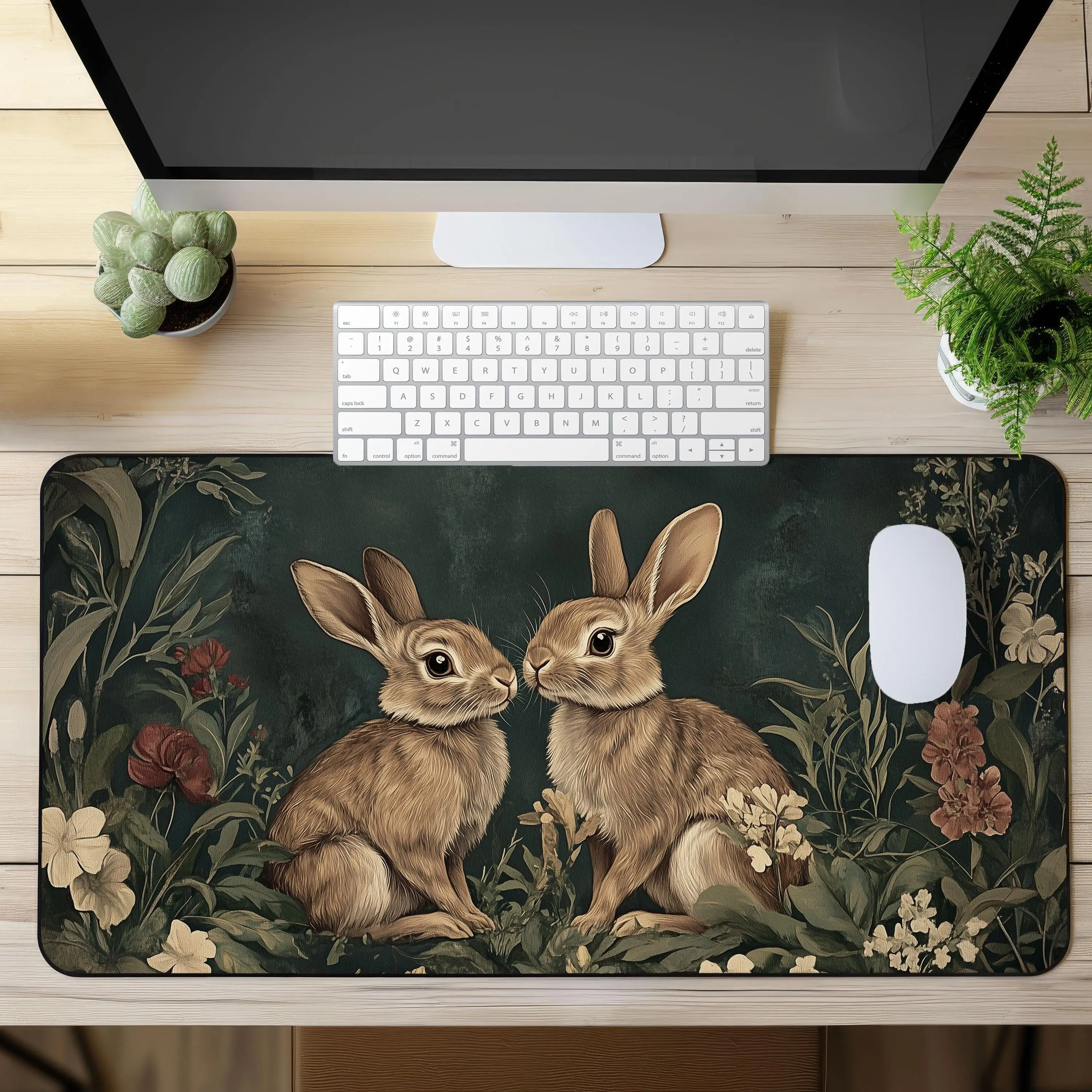 Vintage Woodland Rabbit Art Mouse Pad Desk Mat Bunnies Forest Animal Mousepad Antique Nature Hare Desktop  Cute Whimiscal Gift