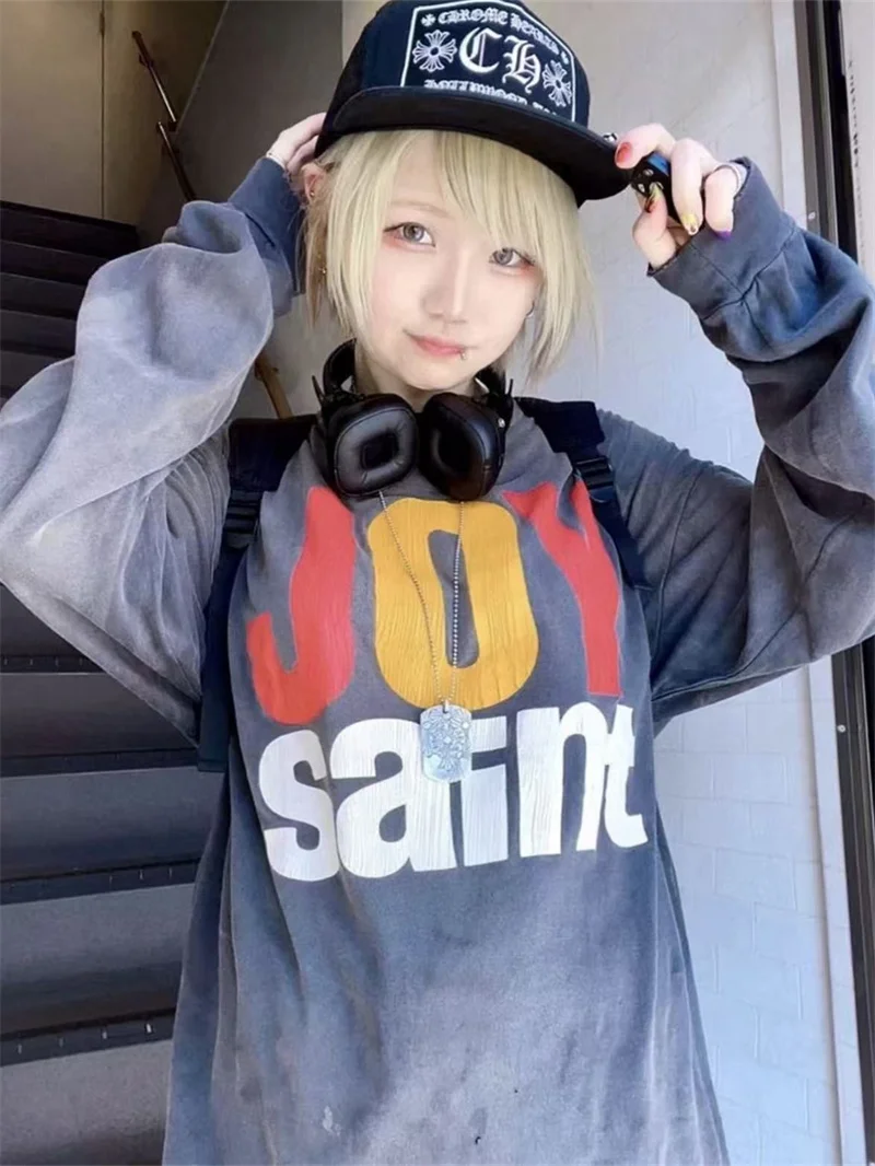 Spring and Autumn New Cotton SAINT T Shirt Vintage Washed Do Old Loose Long Sleeved T-shirt Men's Women's Sports Tops