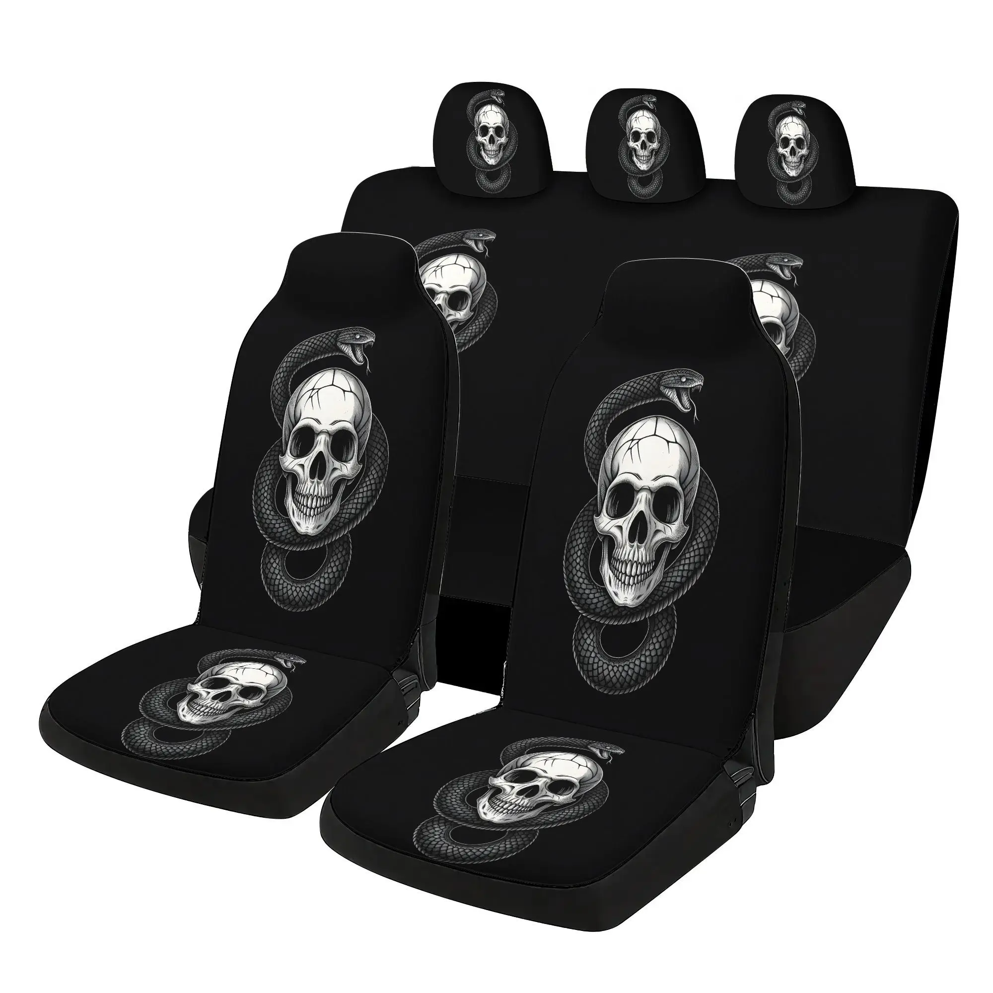 2D Flat 7pcs Snake Coiled Around Skull Print Car Seat Cover, Suitable For Most Car Models - Including 2 Front Seat Covers+1 Rear