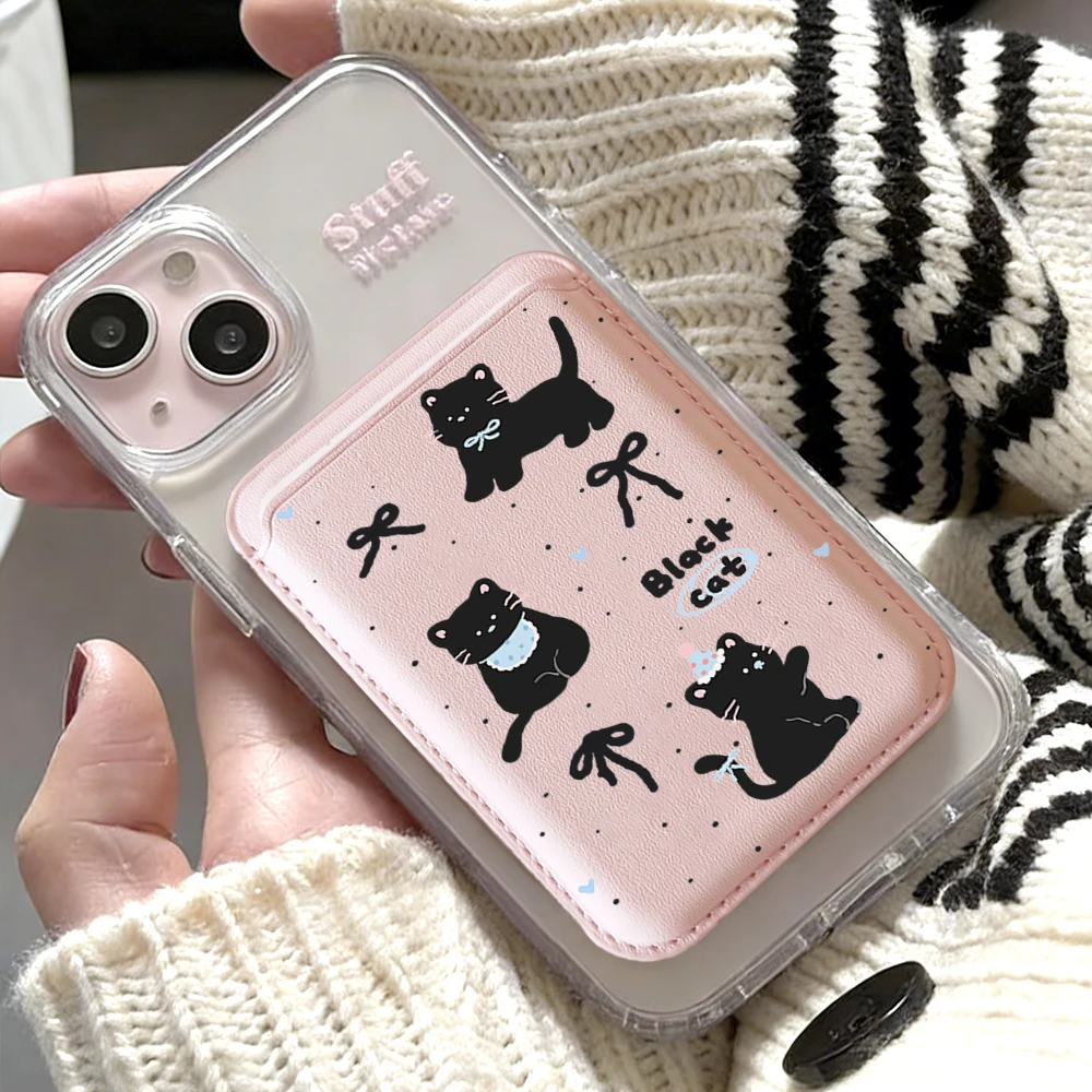 Niedliche schwarze Katzen-Leder-Kartenhülle mit Magnetverschluss, geeignet für alle iPhones, kompatibel mit MagSafe, Kartenhalter für die Rückseite des Telefons. – Detail 4