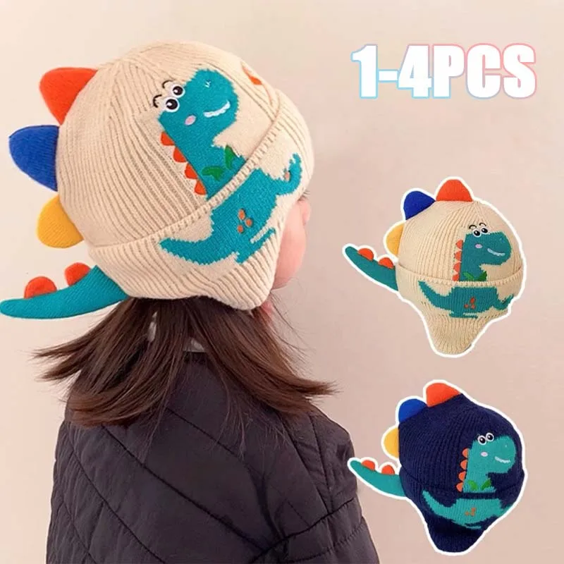 

1-4PCS Warm Windproof Dinosaur Knitted Hat with Ear Protection Soft Yarn Autumn Winter Headwear Fashion Accessory for Kids