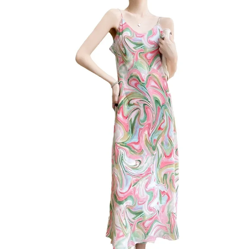 المرأة بلا أكمام فستان ستان الخامس الرقبة عطلة خلات فساتين طويلة مجردة اللوحة بروتيل مثير الحرير الاصطناعي الصيف رداء