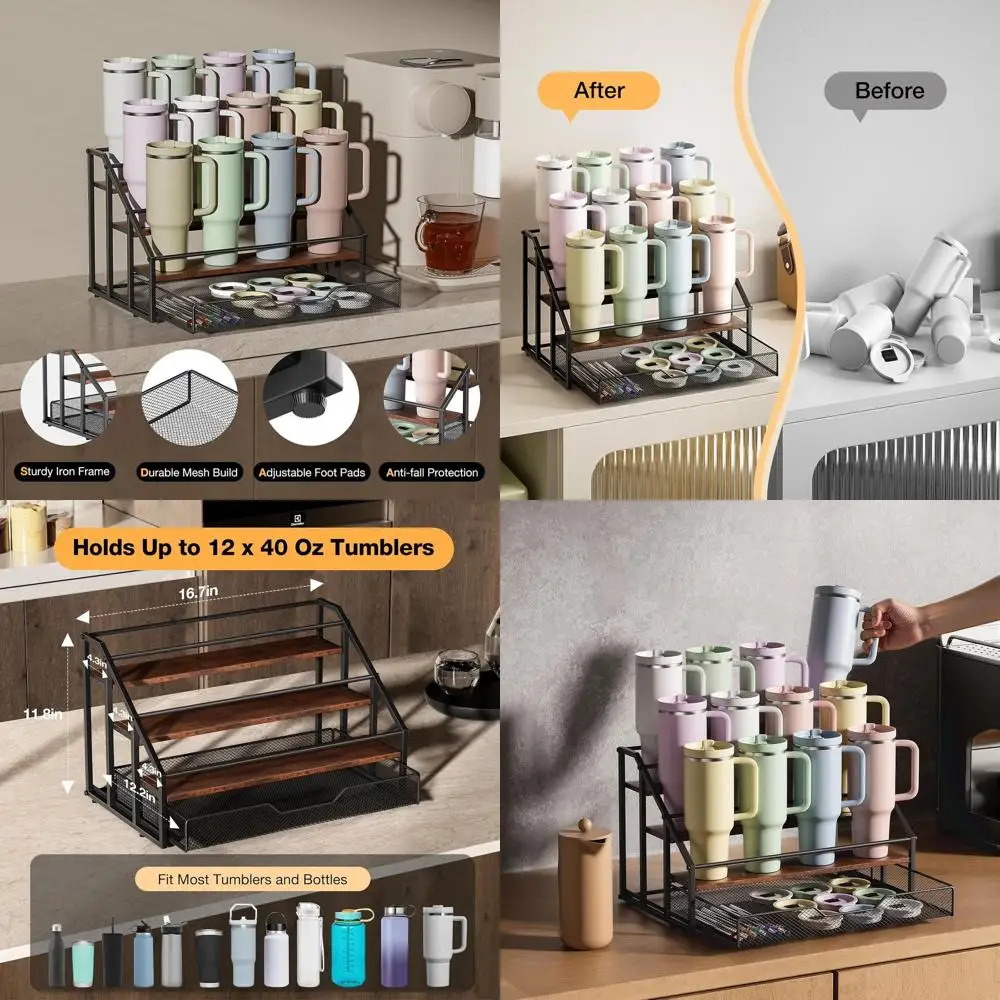 

4-Tier Bottle Rack with Storage Basket and Tumbler Holder for Water Bottles and Wine