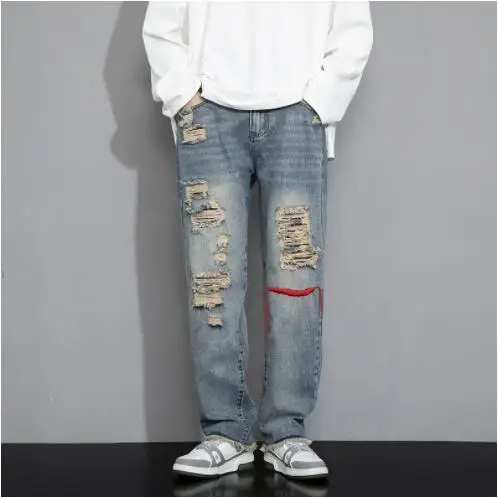 

2022men's retro hiphop ripped jeans jeans distressed denim trousers youth ripped hip hop men's street ripped straight long jeans