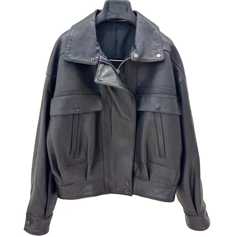 New Fashion Leather Jacket for Women Genuine Sheepskin Retro Loose Silhouette Short Coat Big Pockets Casaco Inverno Feminino