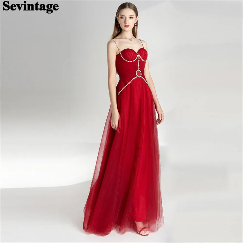 

Sevintage Elegant Red A-Line Prom Dress Tulle Sweetheart Spaghetti Strap Floor Length Ruched Evening Dress vestido de gala 2024