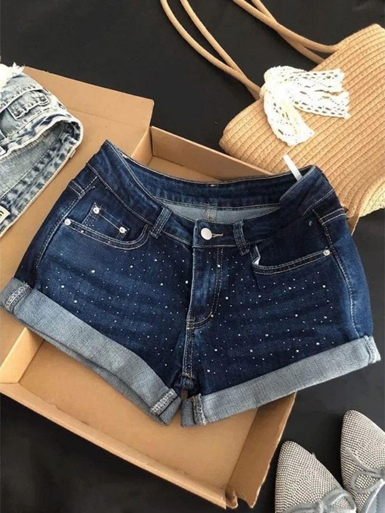 

Deep Blue Rhinestone Frayed Hem Denim Shorts Women's Summer New Elastic Low Waist Sexy A-Line Wrap Hot Pants