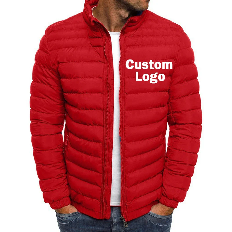 Custom Your Logo Men's Puffy Jacket Zipper Long Sleeve Coat Autumn Winter Outerwear Stand Collar Mens Casual Outwear