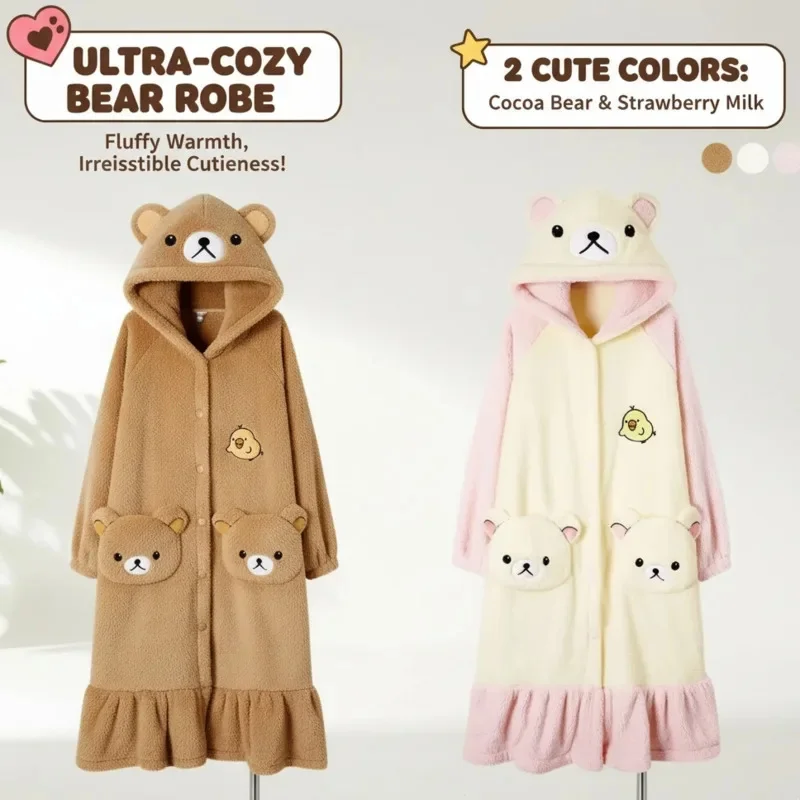 

Embroidery Rilakkuma Y2K Pajama Hooded Pants Set Girl Japan Coral Fleece Winter Thick Velvet Kawaii Couple Home Loose Outfit New
