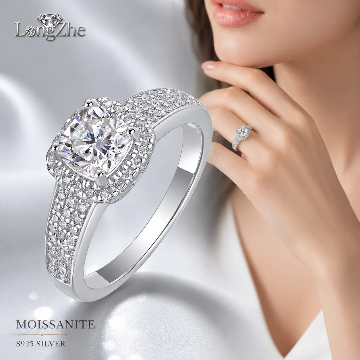 LongZhe Moissanite Ring for Women 925 Sterling Silver 6x6mm Halo Ring Zircon Side Stones GRA Certified Fine Jewelry Gift for Her