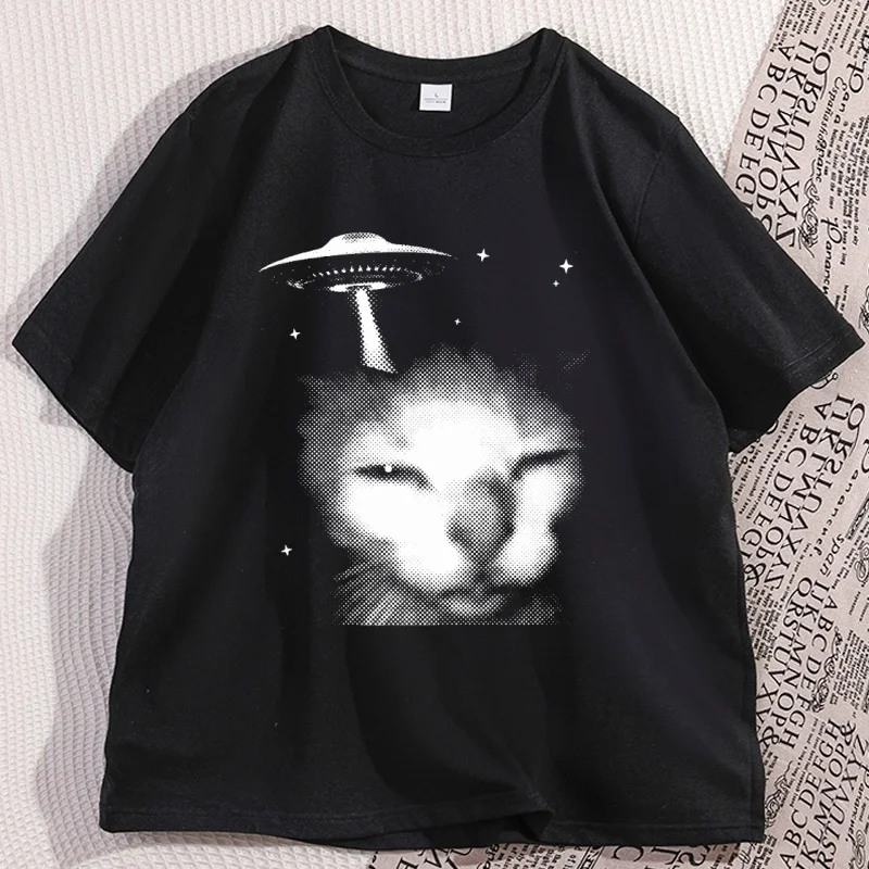 

Funny Space Alien Cat T-shirt Vintage Graphic Tee 90s Silly Cats Tshirt Trendy Cotton Short Sleeve Round Neck Summer Tees