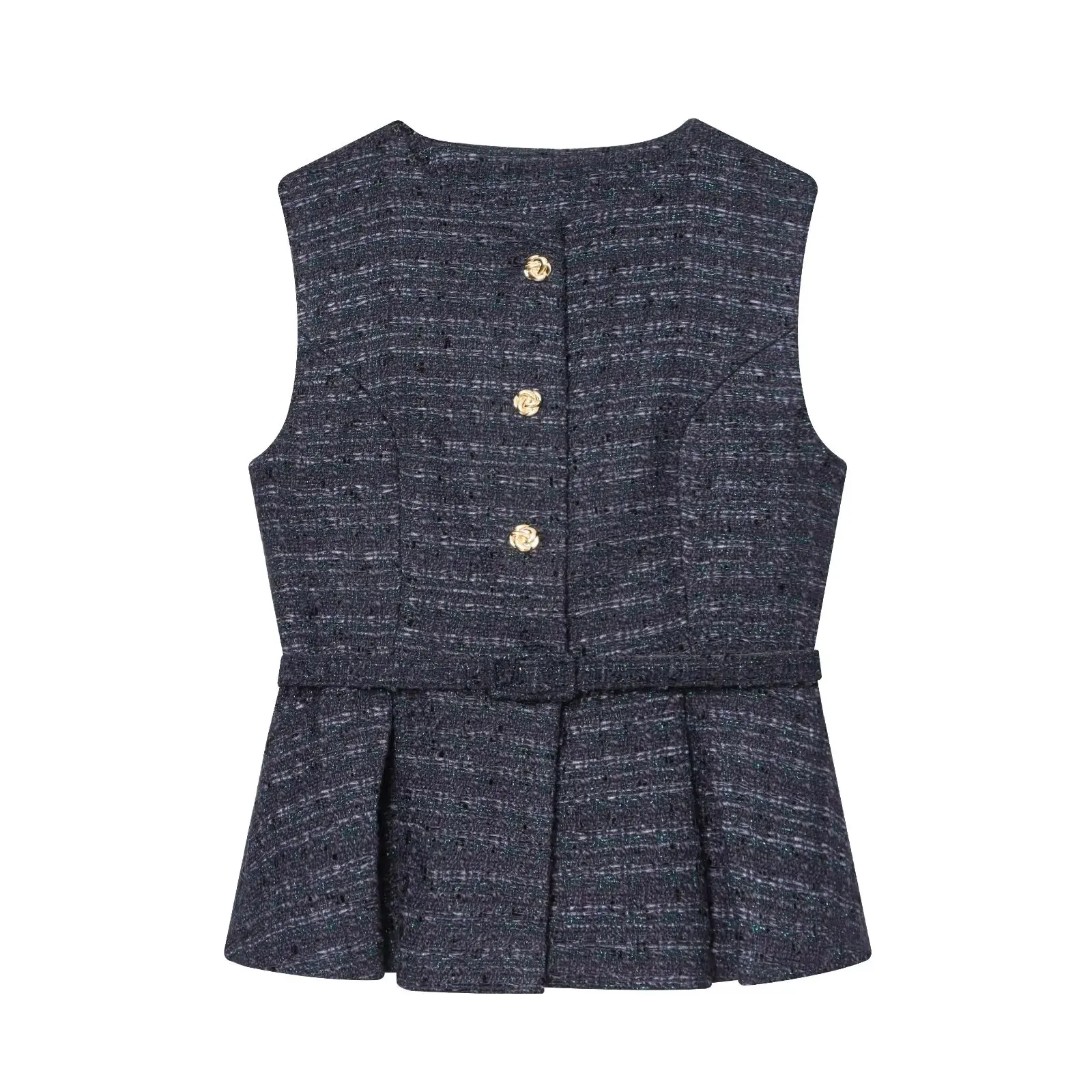 

Women's Sleeveless Vest Winter Retro Casual Fashion O-Neck Belt Pleated Vest Single-Breasted Waist-Cinching Jacket