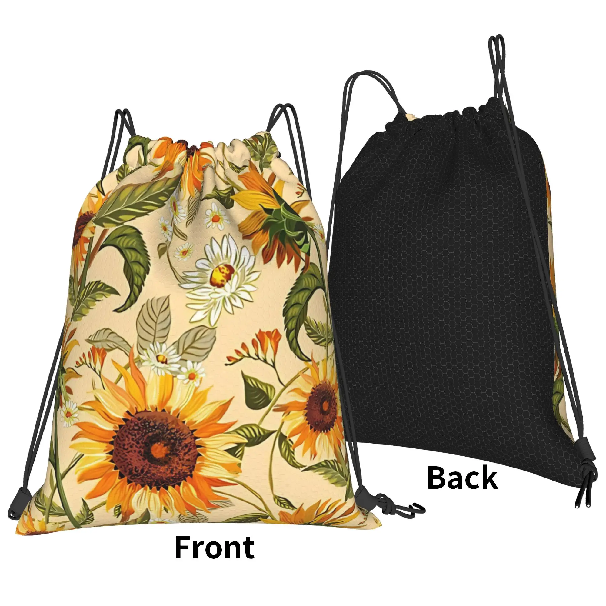 Floral Sunflowers 70s vintage golden Portable Sports Riding Gym Drawstring Storage Sporty Backpacks