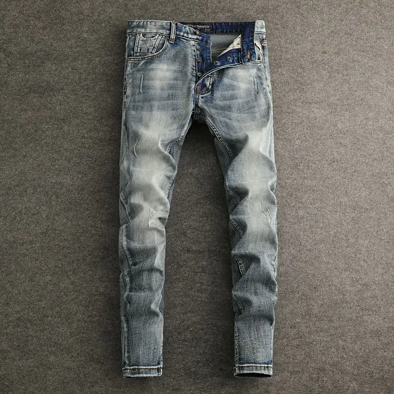 

Fashion Vintage Men Jeans High Quality Retro Washed Blue Stretch Slim Fit Ripped Jeans Men Italian Style Designer Denim Pants