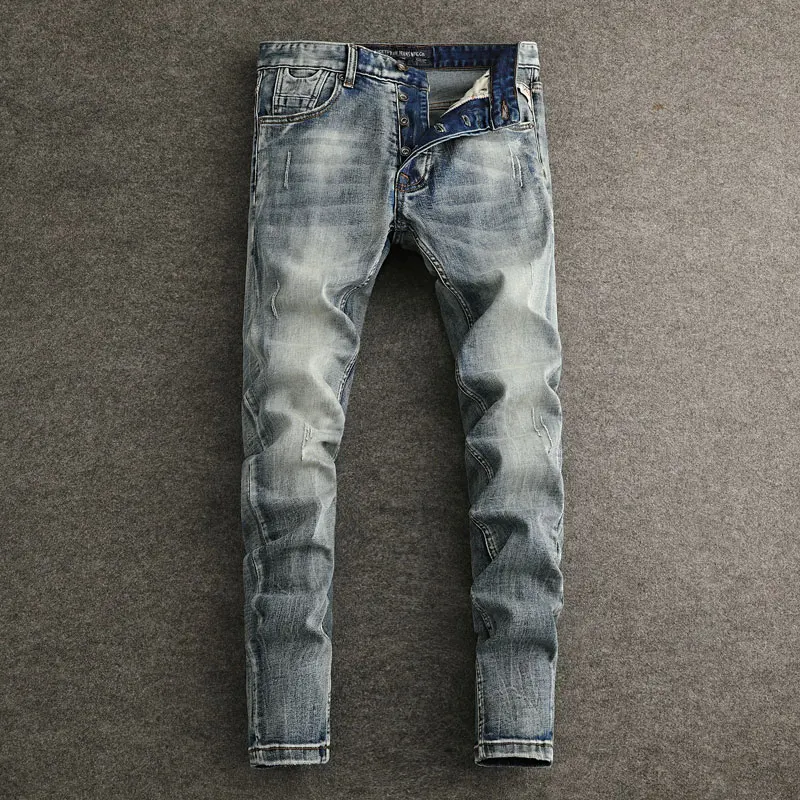 Jeans vintage rasgado masculino, de alta qualidade, retrô, lavado, azul, elástico, slim fit, jeans designer, estilo italiano, moda