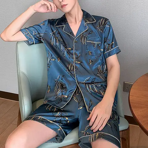 Men Pajama Sets 2025 Summer Sleepwear Ice Silk Satin Short Sleeve Pyjamas Suit Loose Loungewear Male Casual Homewear L-5XL