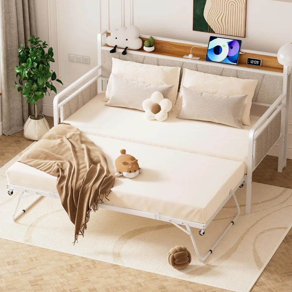 Twin Daybed with Trundle, Modern Twin Size Sofa Day Bed, Sturdy Metal Bed Frame with Upholstered Headboard for Living Room, Bedr