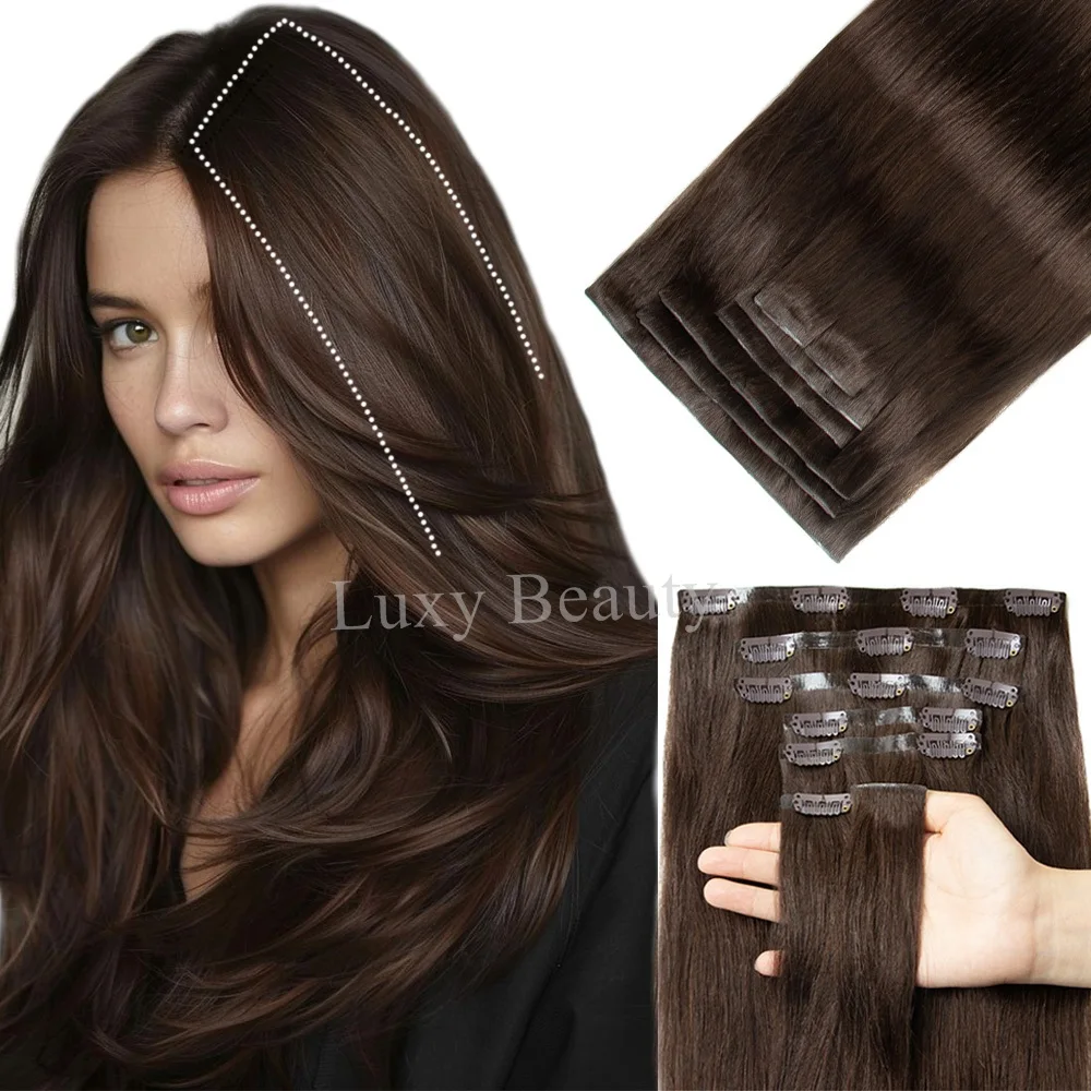 

Brown Invisible PU Clip Ins Hair Extensions Human Hair Black Blonde Injected Seamless PU Weft Clip in Hair Extensions 7pcs/Set