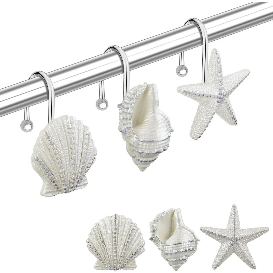 

Крючки для занавесок для душа, кольца, 12 шт., жемчужный блеск, ракушки, кольца для душа, анти-раст, декоративные крючки для душа для пляжа, ванной комнаты, детской комнаты