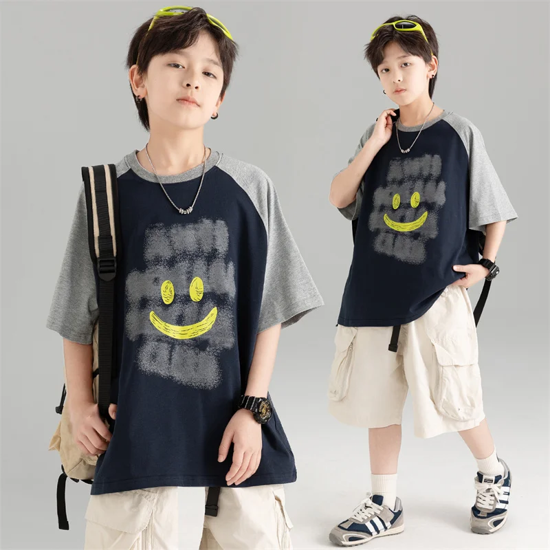 Summer Kids T-shirt For Boys Tops Clothes Fashion Korea Patchwork Cartoon Cotton Printing Tees 7 8 9 10 11 12 13 14 15 Years Old