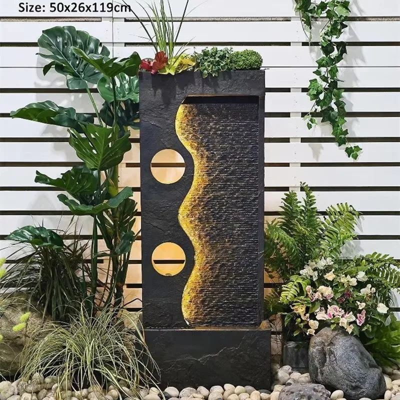 minimalist waterfall sculpture with warm yellow LED lights, wavy design water feature, suitable for home decoration, indoor zen