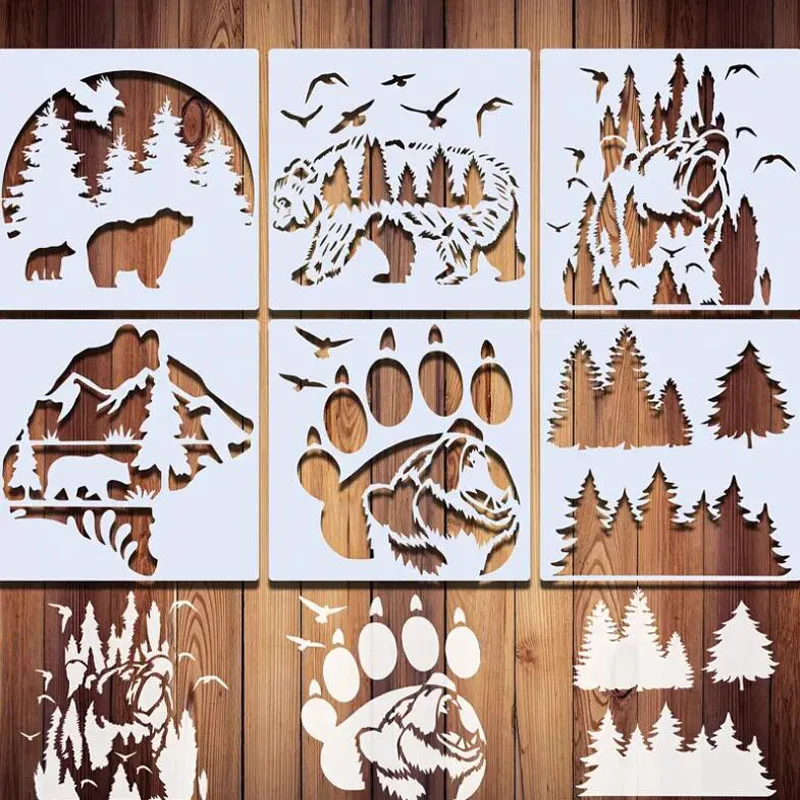 28*28cm Forest Bear Theme Stencils PET Hollow Leak Printing Board DIY Layering Furniture Wall Painting Template Decora Reusable