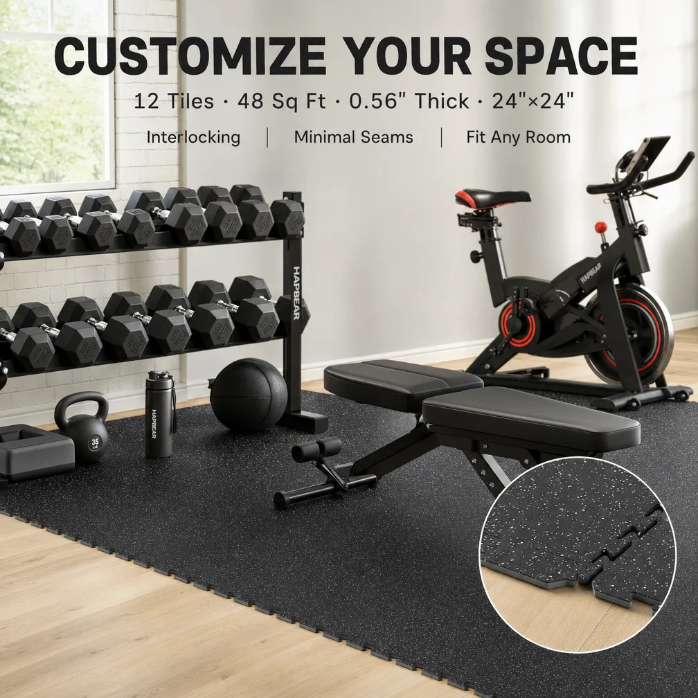HAPBEAR Interlocking Gym Floor Tiles,12Pcs 48Sq Ft 0.56'' Thick 24×24in,Dual‑Layer Rubber Top High‑Density EVA Foam Mats,Heavy‑Duty Shock Absorbing Waterproof Exercise Tiles for Treadmill,Hardwood Floor Protection Home Gym Workout