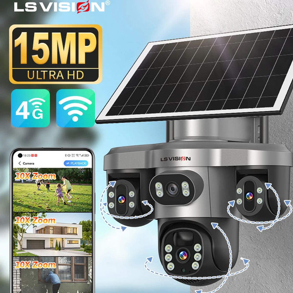 

LS VISION V380 PRO 3 Lens WiFi Solar Camera 4G 15MP Security CCTV Waterproof Night Vision Two-Way Audio Camera Mobile Tracking I