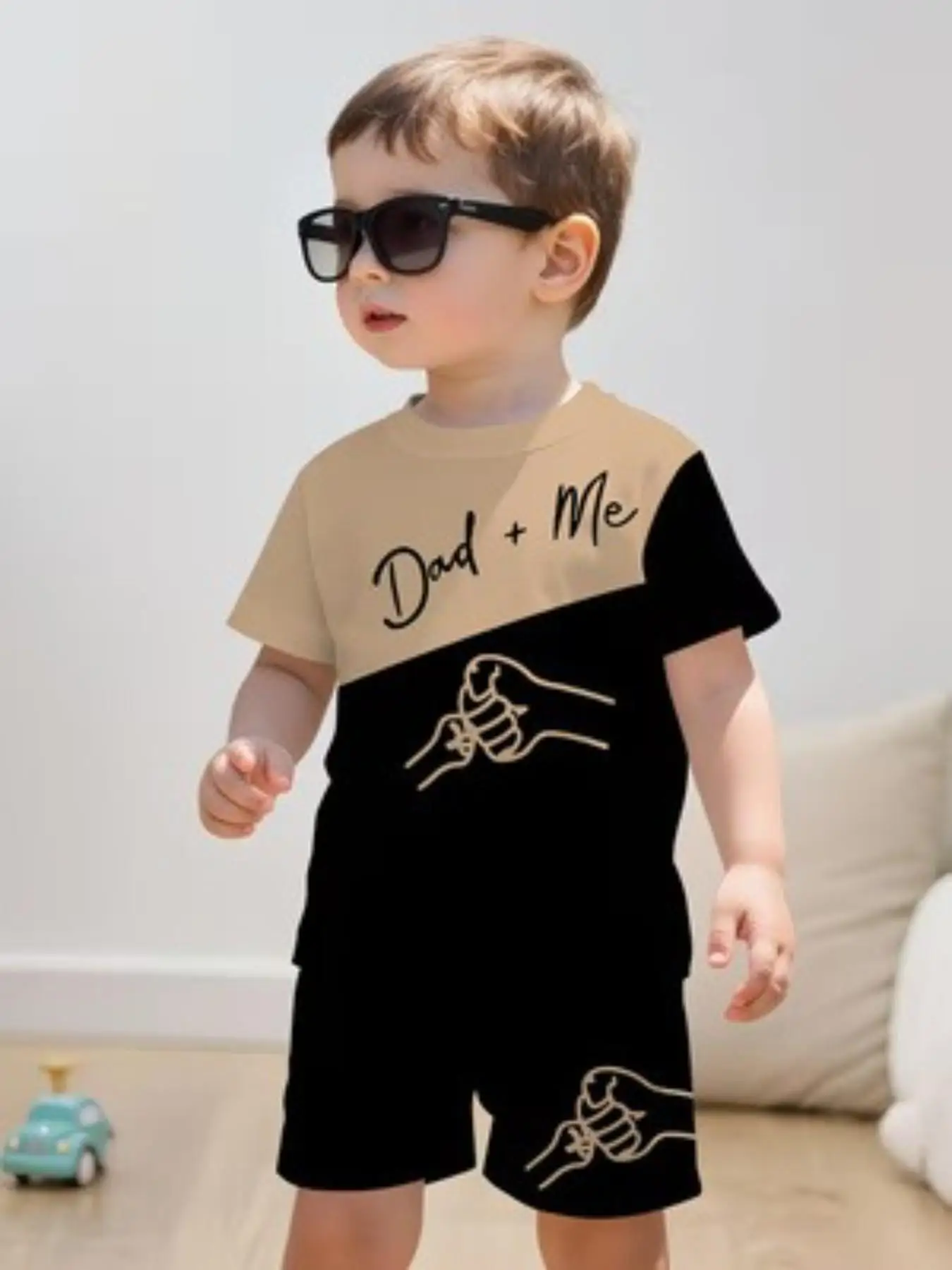 Summer 2 Piece Set for Boys Baby Casual Sporty Block Punch Print round Neck T-Shirt And Shorts Outfit