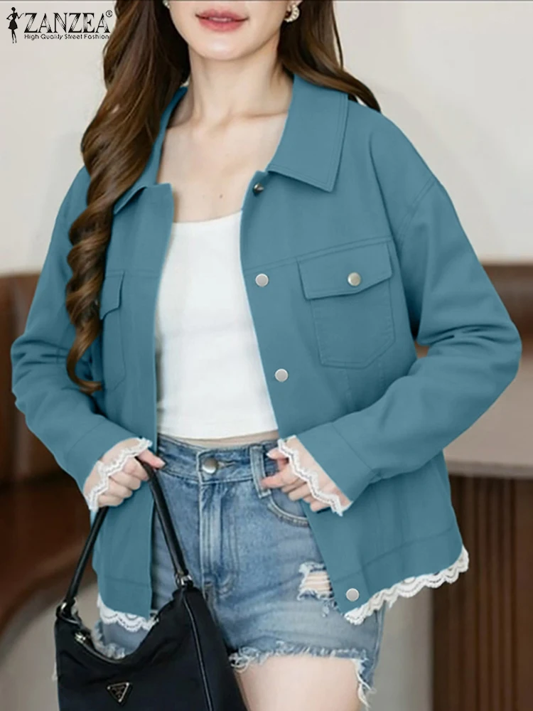 

2025 женские осенние джинсовые куртки, повседневная кружевная лоскутная верхняя одежда с длинными рукавами, элегантное офисное однотонное пальто с лацканами