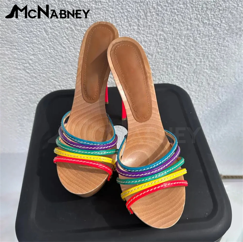 Rainbow Color Platform Mules Wood Grain Stickers Round Toe Stiletto Slippers Handmade Sewing Sexy Summer High Heels for Women