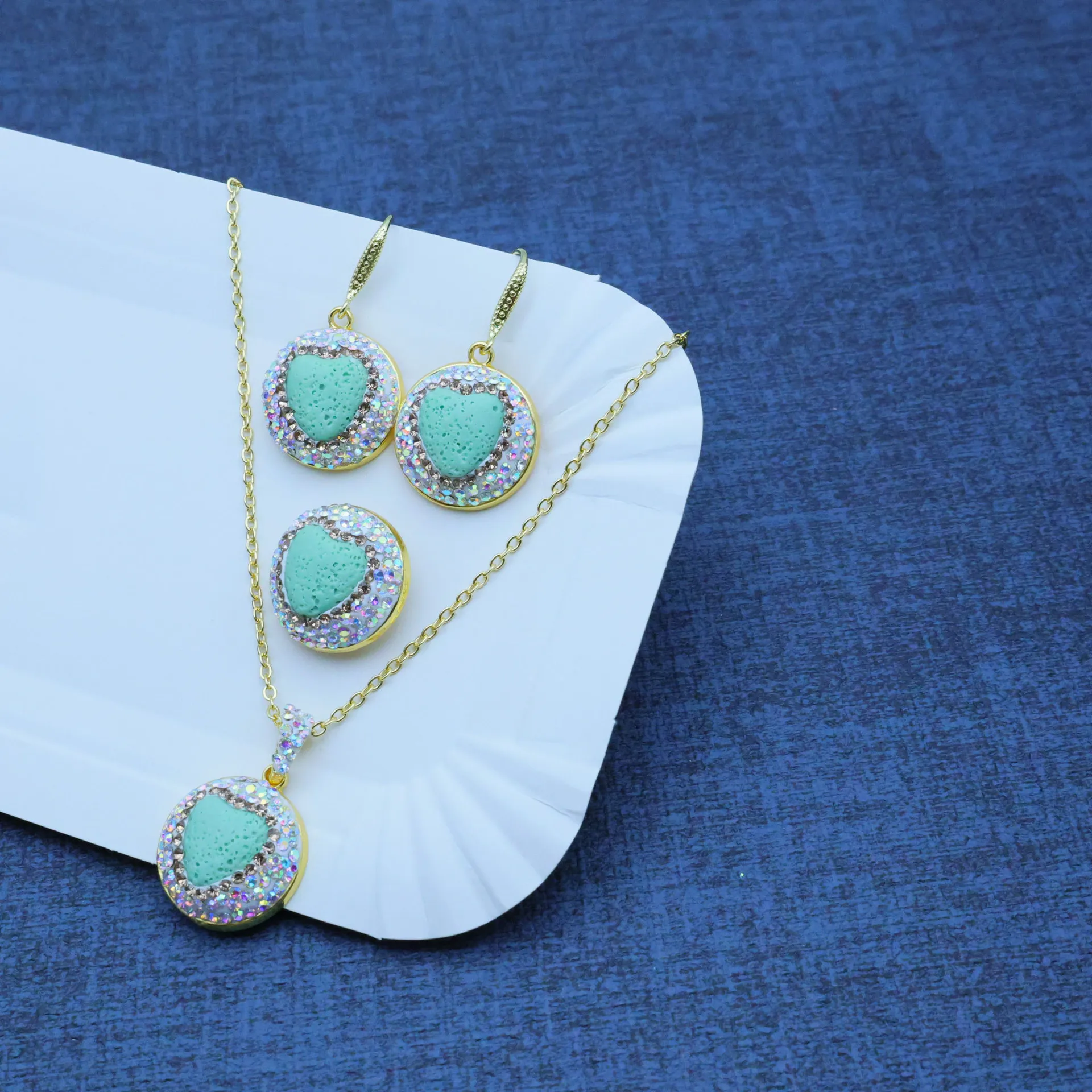DIY accessories Popular volcanic stone green love niche design three-piece fashion temperament set original handmade design jewe