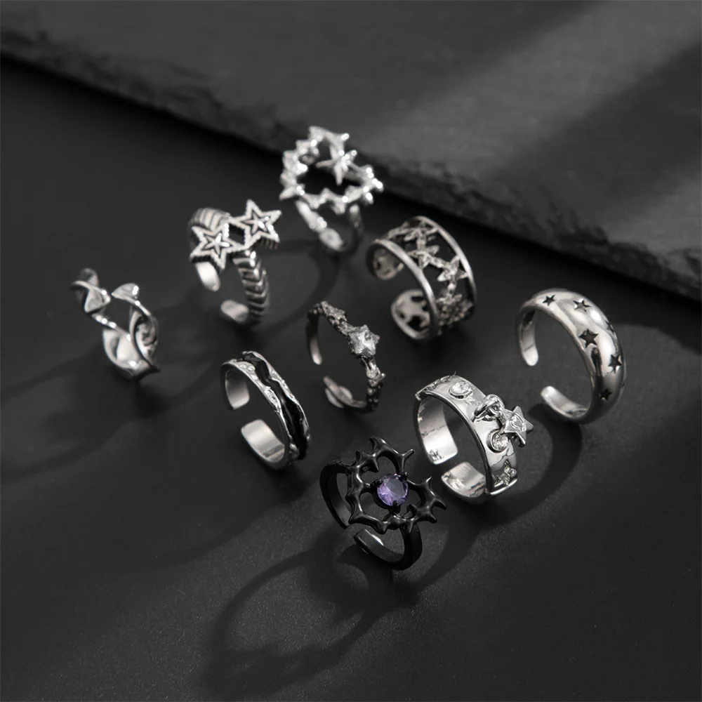 9 قطعة/المجموعة Kpop القوطي الشرير Harajuku الشوك المعدنية الحب القلب ستار الزركون خاتم مجموعة للنساء Egirl خمر الجمالية Y2K مجوهرات 2025