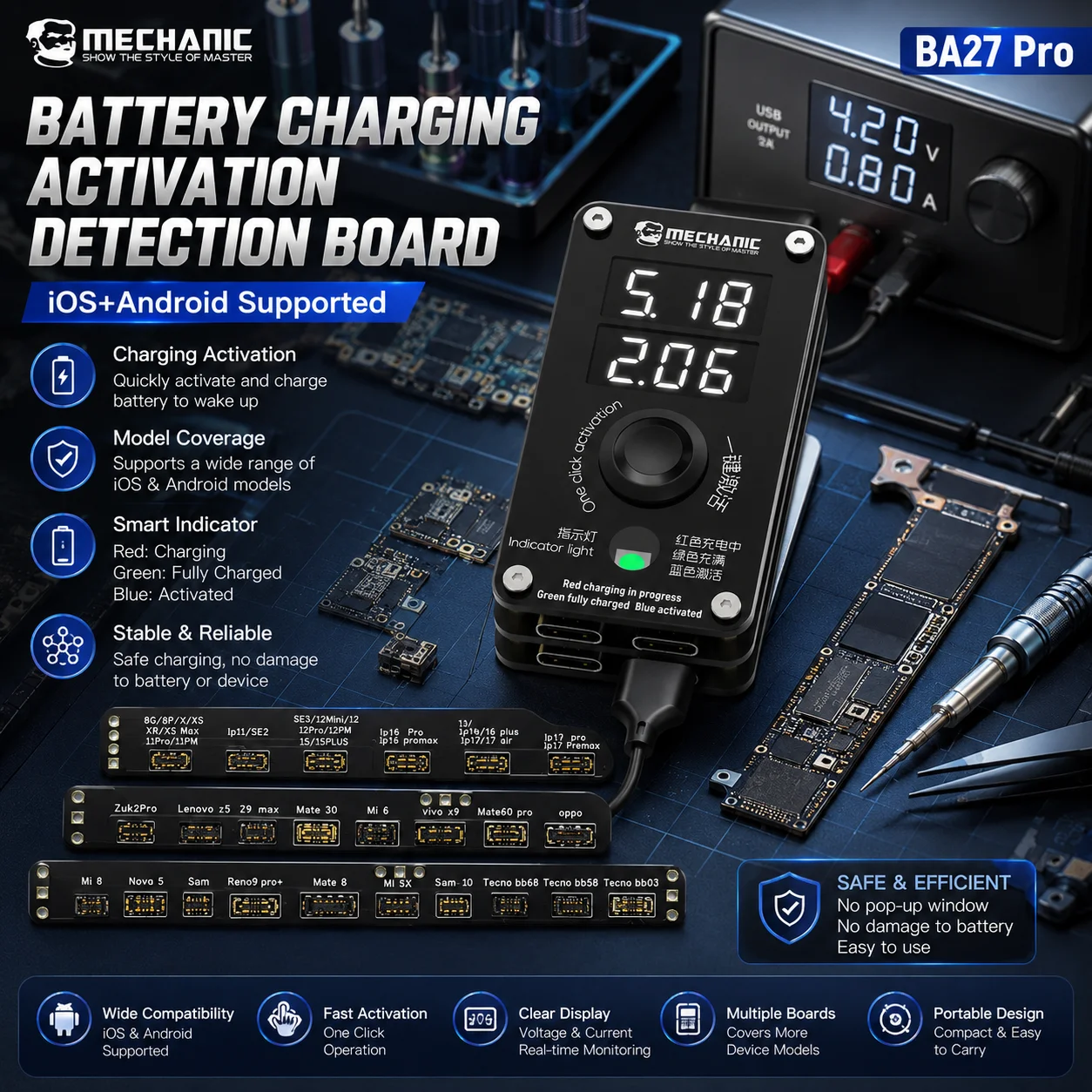 MECHANIC BA27 Pro Battery Charging Activation Detection Board One‑click Activate For IP8‑17 PM Android Phone Battery Repair Tool