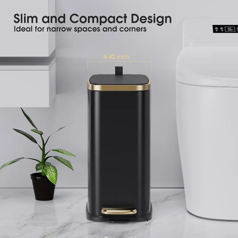 Small Bathroom Trash Can with Lid Soft Close-5L/1.3 Gal Slim Garbage Can-Metal Step Wastebasket-Rectangle Narrow Waste Bin for