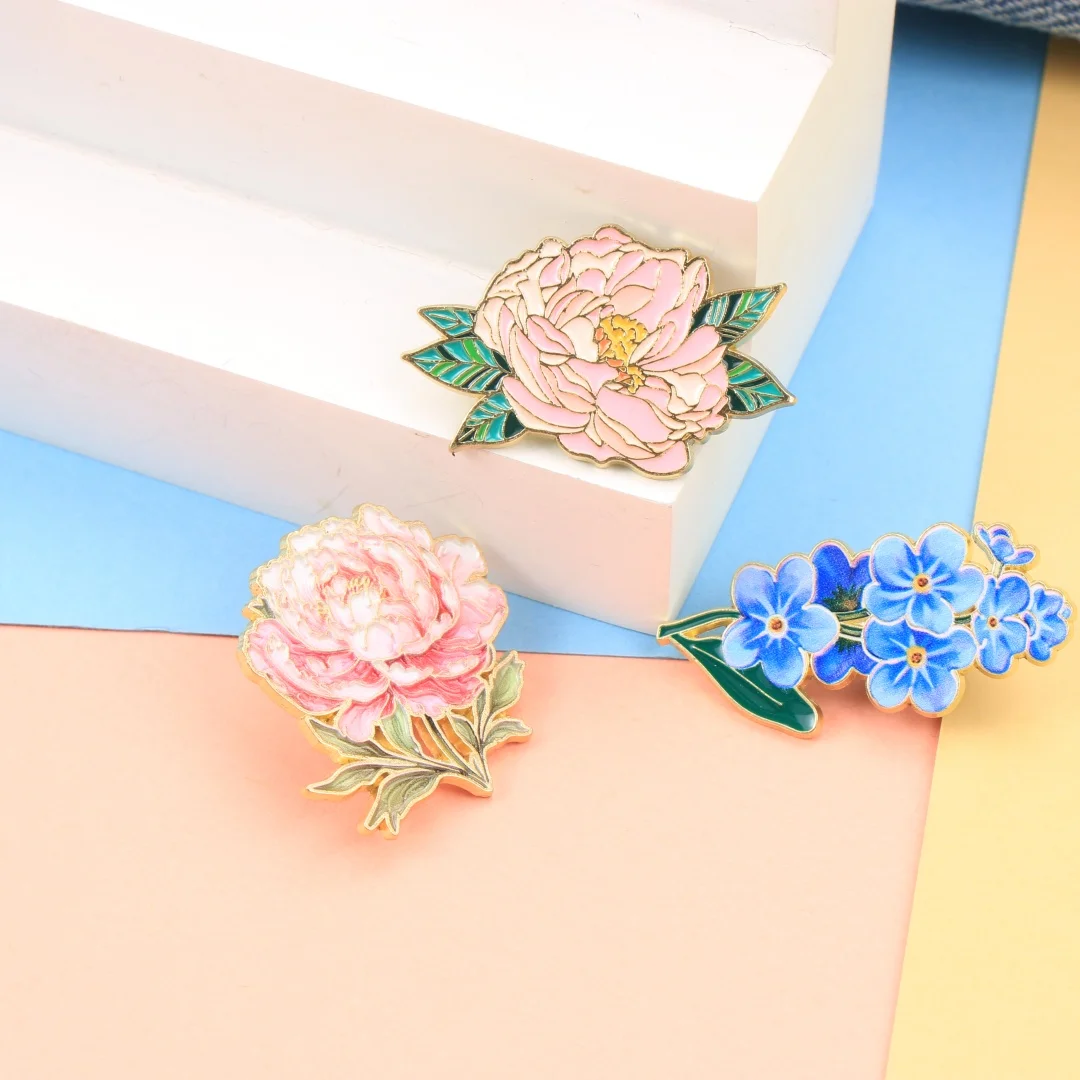 Cartoon Flower Enamel Lapel Pins, Elegant Peony & Forget-Me-Not Brooch Badges for Backpack Clothing DIY Decor Accessories - view 5