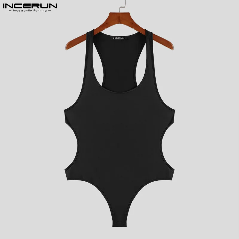 INCERUN 2024 Sexy New Mens Homewear Personality Side Hollow Design Jumpsuits Casual Simple Male Solid Sleeveless Bodysuits S-5XL