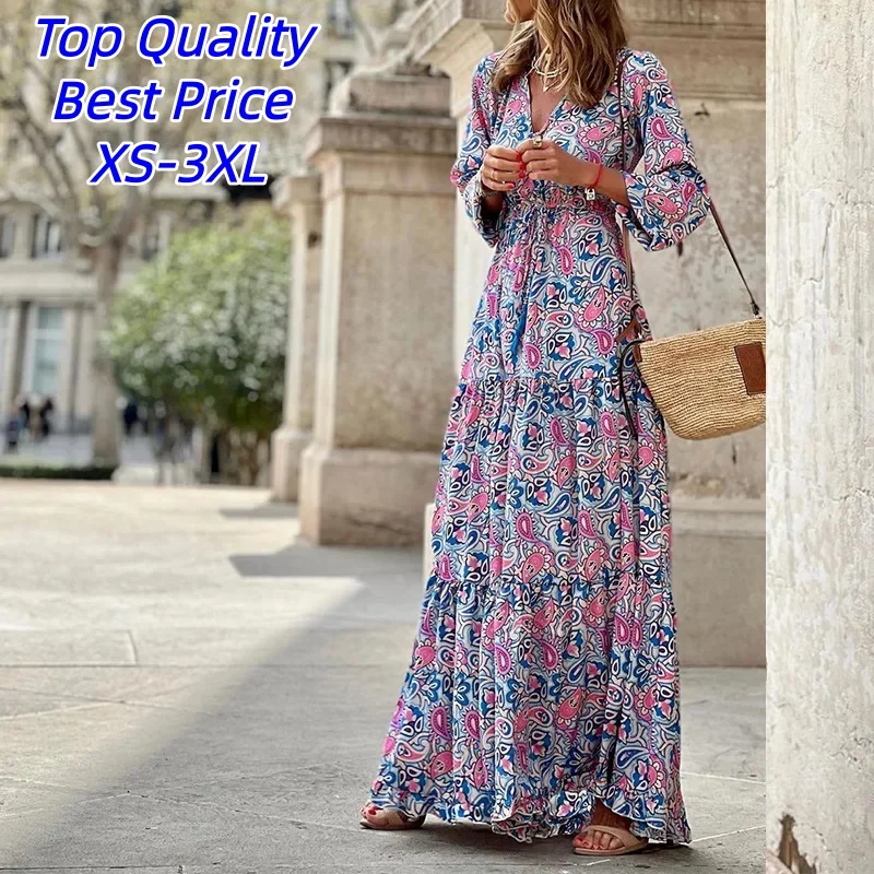 Women's Summer New Fashionable Printed Sexy V-neck Long Sleeve High Waist Elastic Waist Medium Length Bohemian Dresses