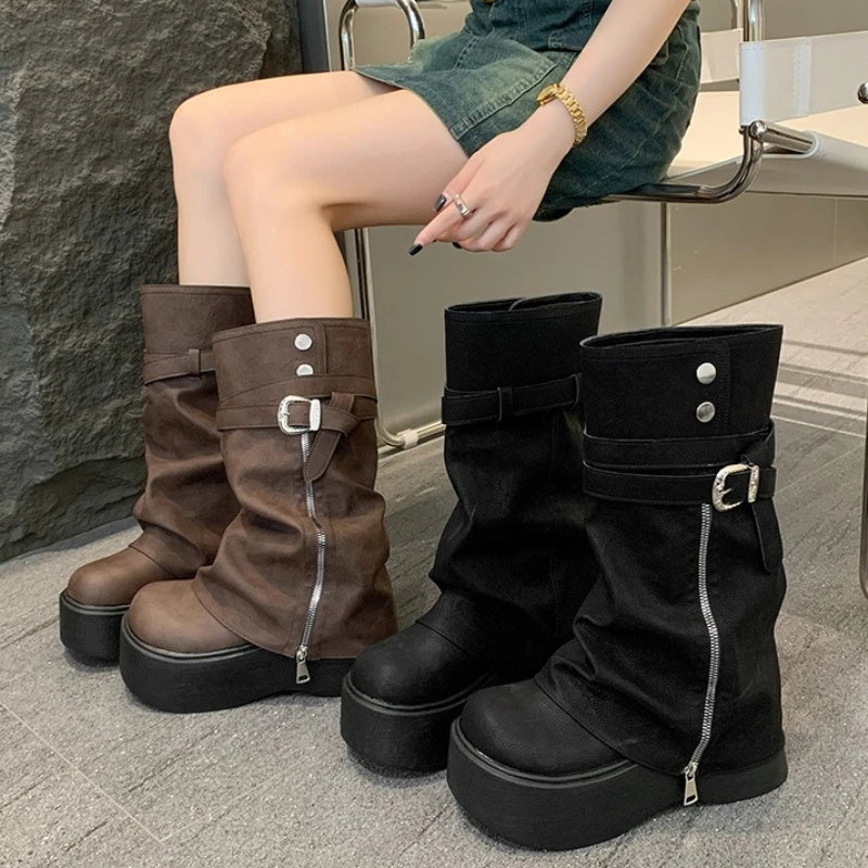 

Осенне-зимние женские рыцарские ботинки на массивной толстой подошве, лаконичные туфли на платформе с пряжкой и ремнем, современные туфли до середины икры Botas Para Mujer