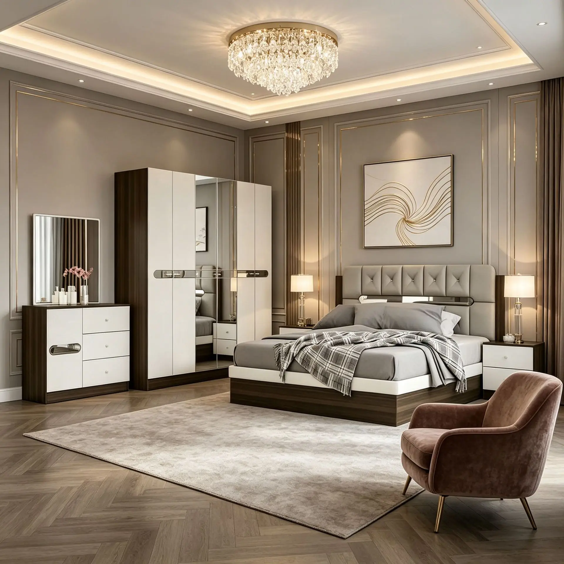 TFX091 modern simple furniture set, soft bag mirror sliding door wardrobe, bedside table, dresser