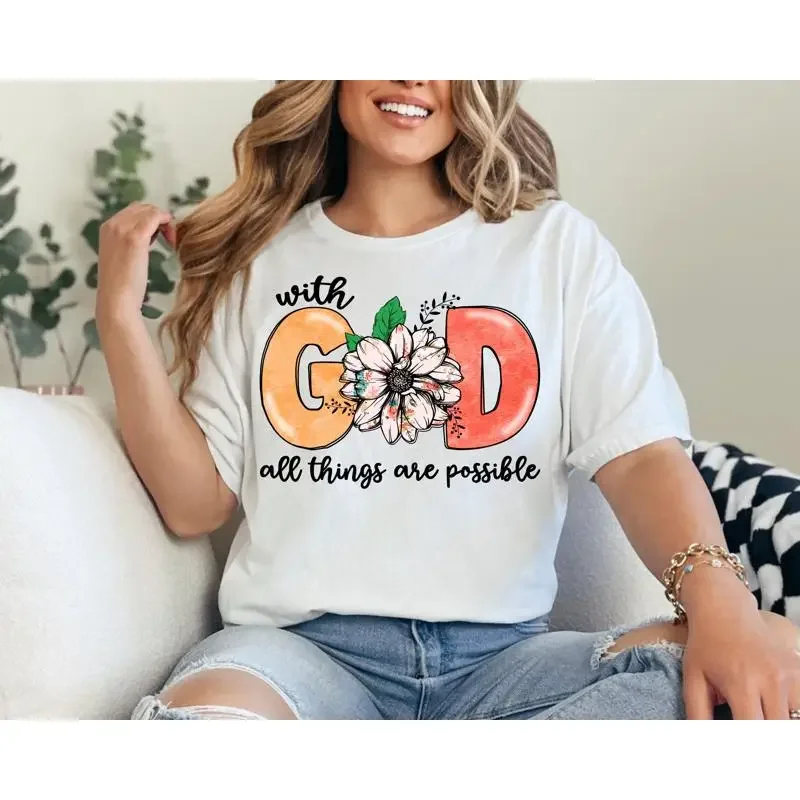 With God All Things Are Possible Christian T Shirt Womens Religious For Faith Spiritual