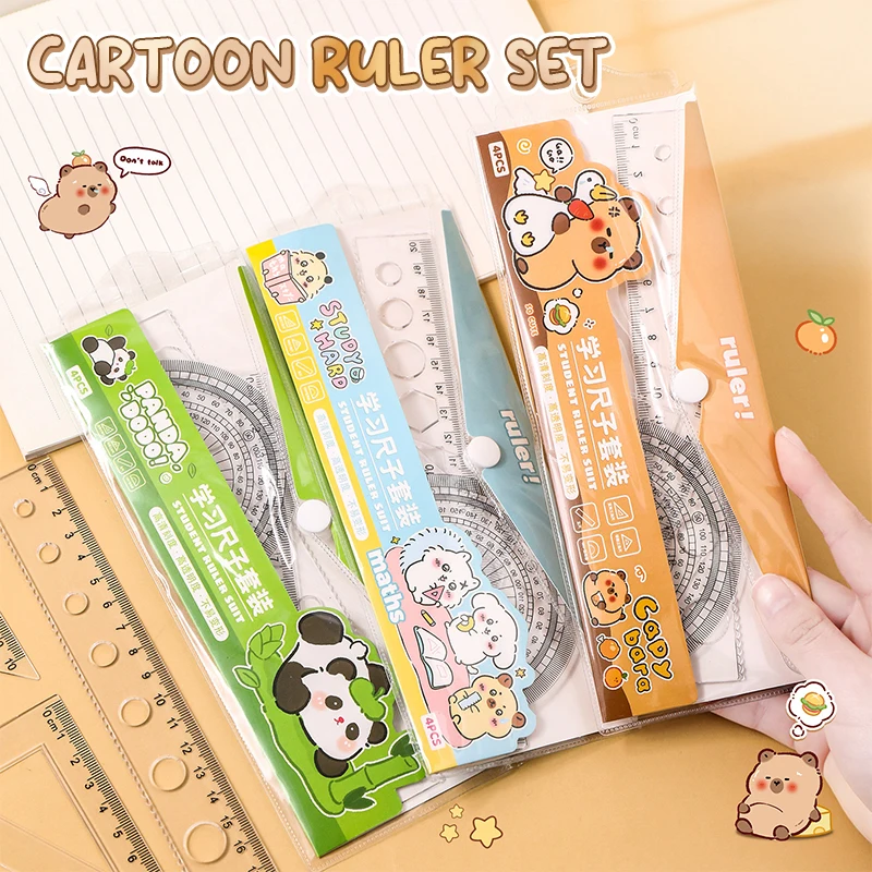 1Set Cute Cartoon Capybara Kids Ruler Stationery Set Multifunctional Combination Ruler Triangle Protractor Drawing Tools