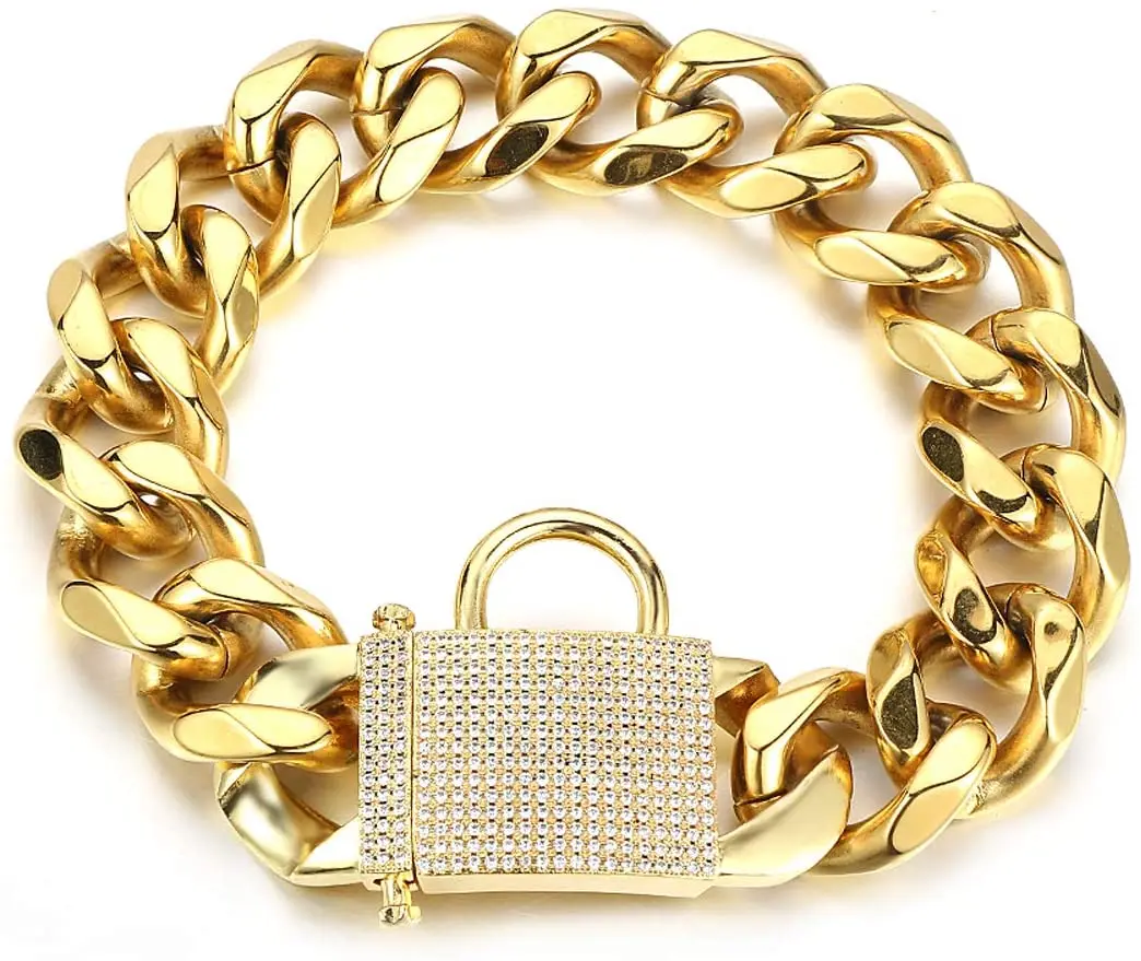 23mm Heavy Big Gold Tone 316L Stainless Steel Curb Cuban Link Chain Collar for Small Medium Large Dog Collar