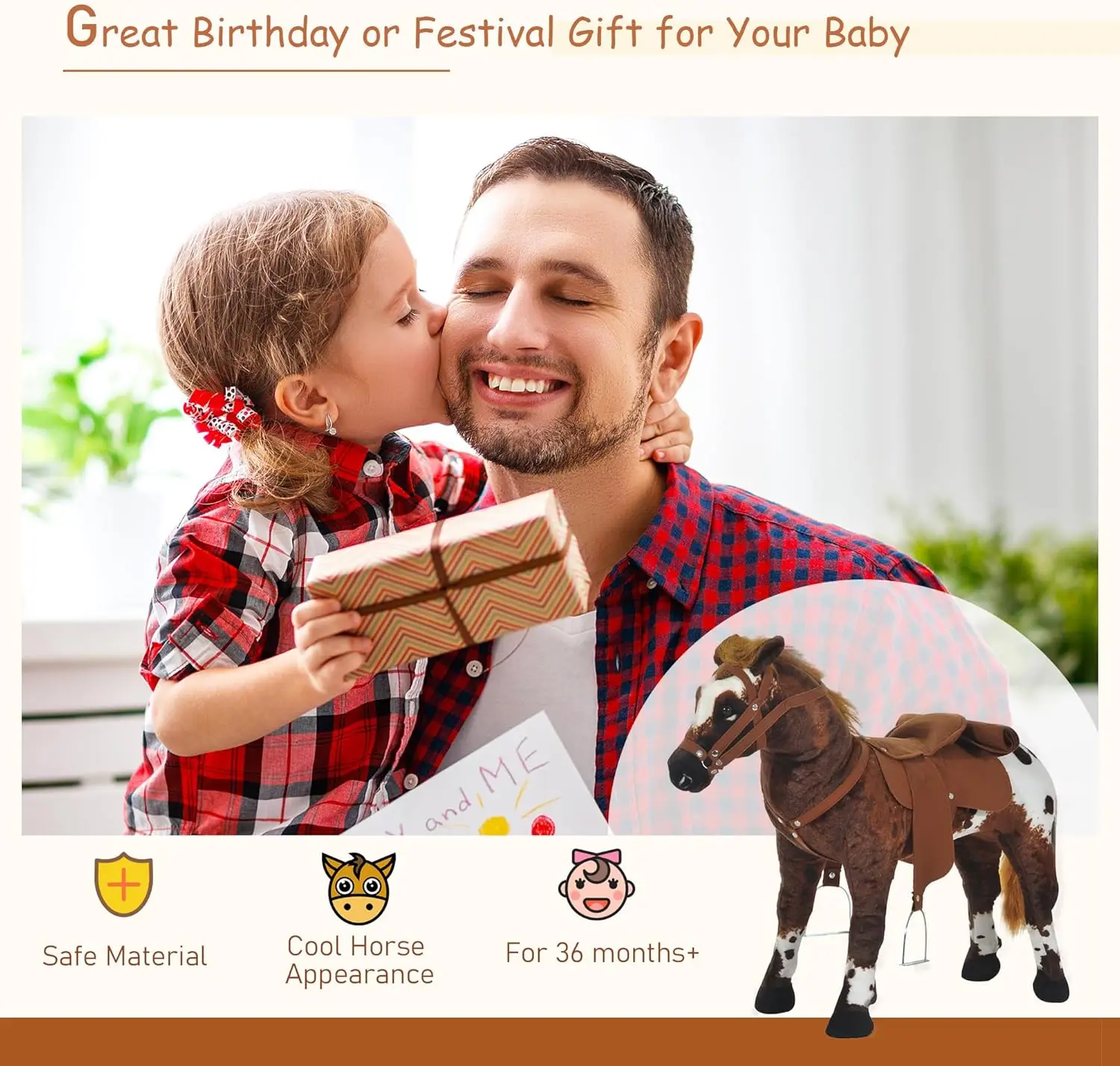 Konik do jeżdżenia dla maluchów w wieku 3-5 lat, z dźwiękiem ohy i galopu, pluszowa zabawka konik dla dzieci z wypełnieniem.